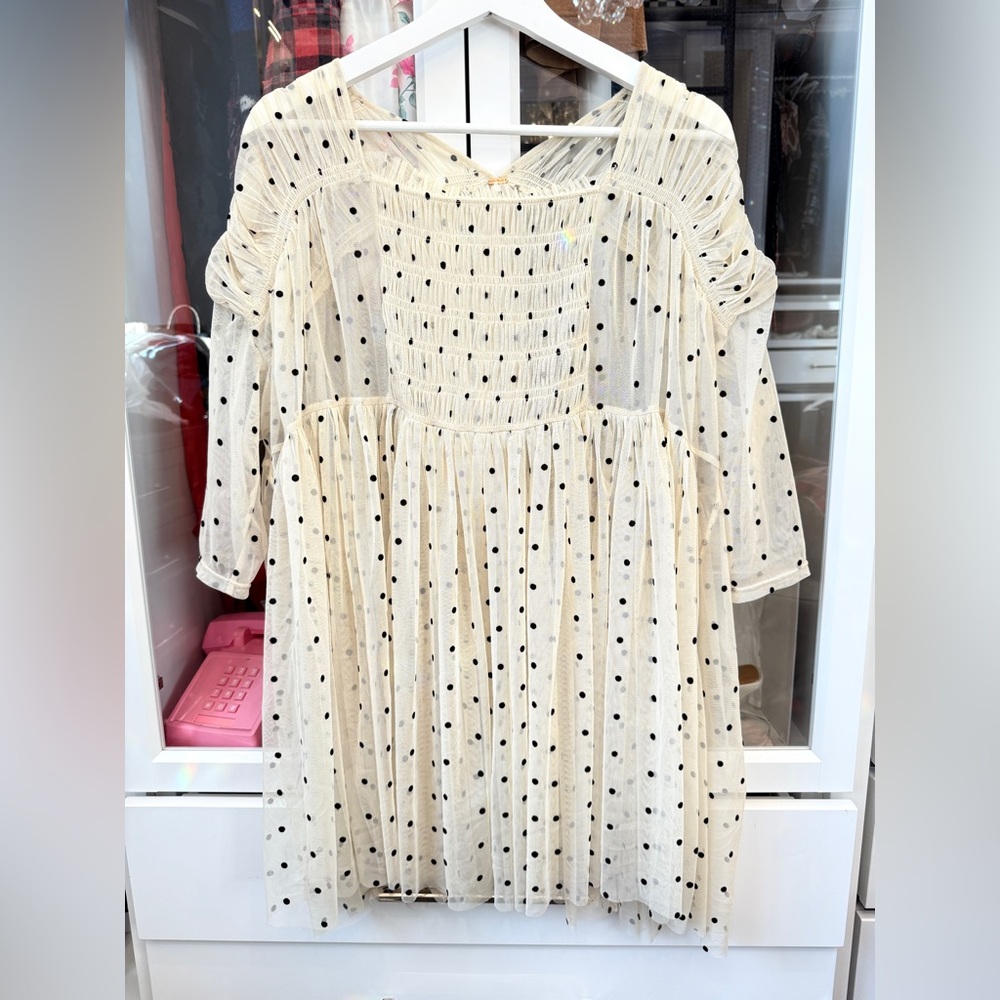 FREE PEOPLE SAYA SHEER TUNIC DRESS CREAM BLACK POLKA DOT SMALL
